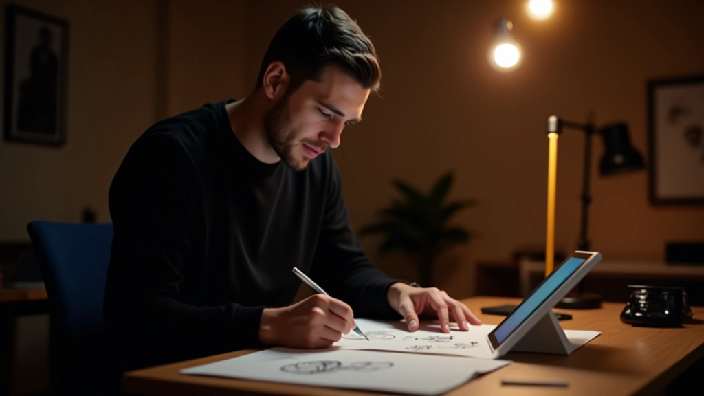 Close-up van animatie sketchpad met getekende bewegingsstudies naast digitale tablet met gedetailleerde bewegingsgrafische wireframes