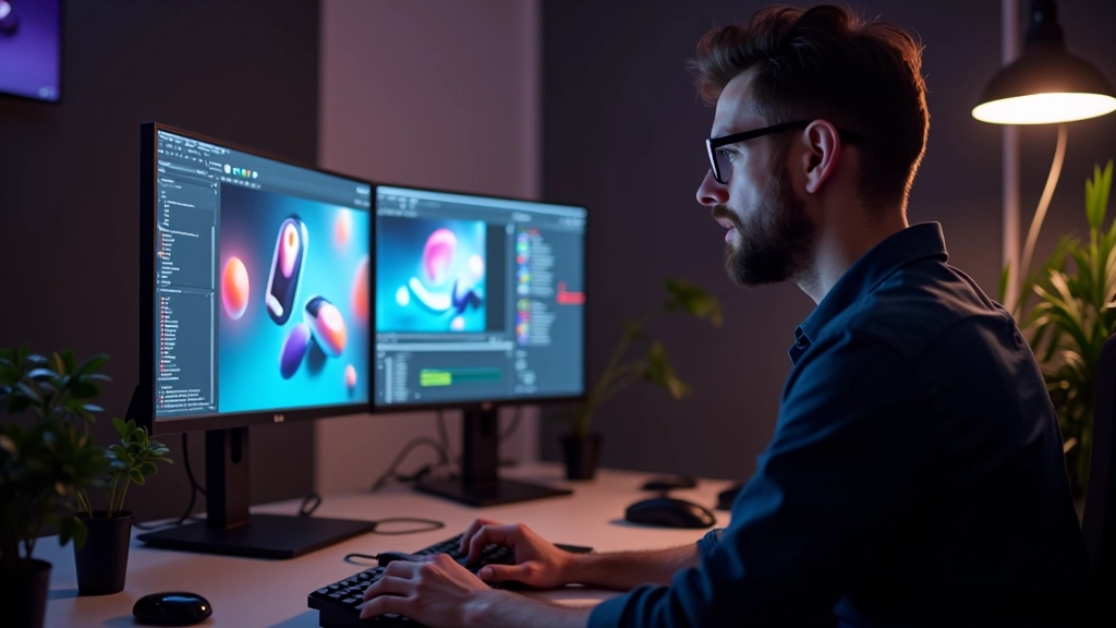 Animator aan het werk met bewegingsgrafische software en kleurig digitaal ontwerp op groot scherm