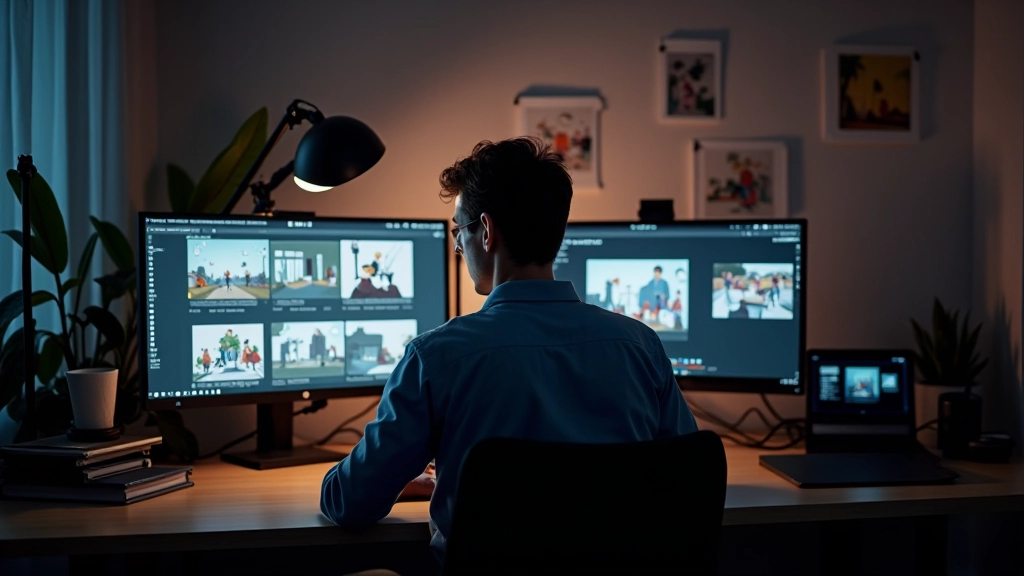 Animatie wireframes en storyboards op groot scherm in professionele studio omgeving