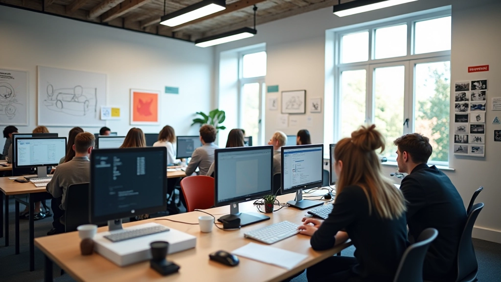 Sfeervolle foto van designstudio met jonge creatieven aan het werk met 3D-modellen en bewegingsontwerp tools in een heldere werkruimte