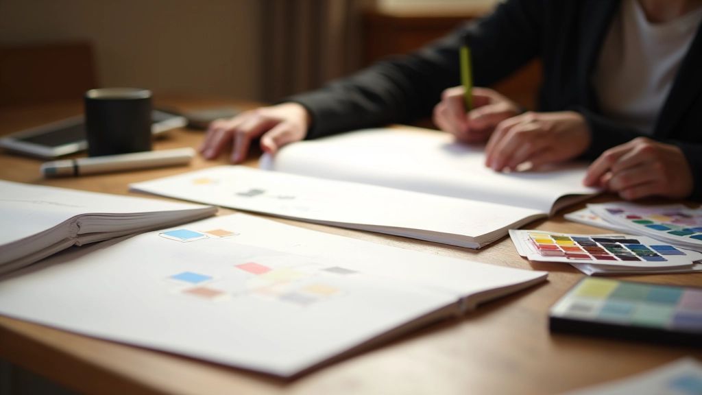 Ontwerp sketchboeken en kleurenpaletten op houten studio tafel met natuurlijk licht