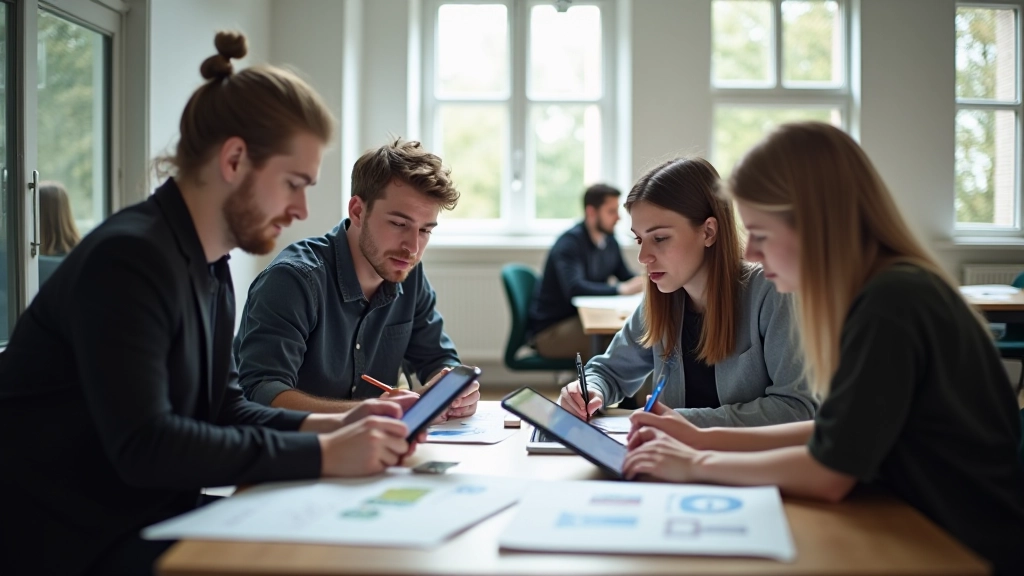 Studenten in moderne designstudio werken samen aan animatieproject met digitale tablets en grote schermen