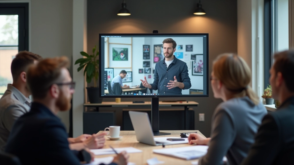 Designer presenteert animatie prototype op groot scherm aan team in collaboratieve werkruimte
