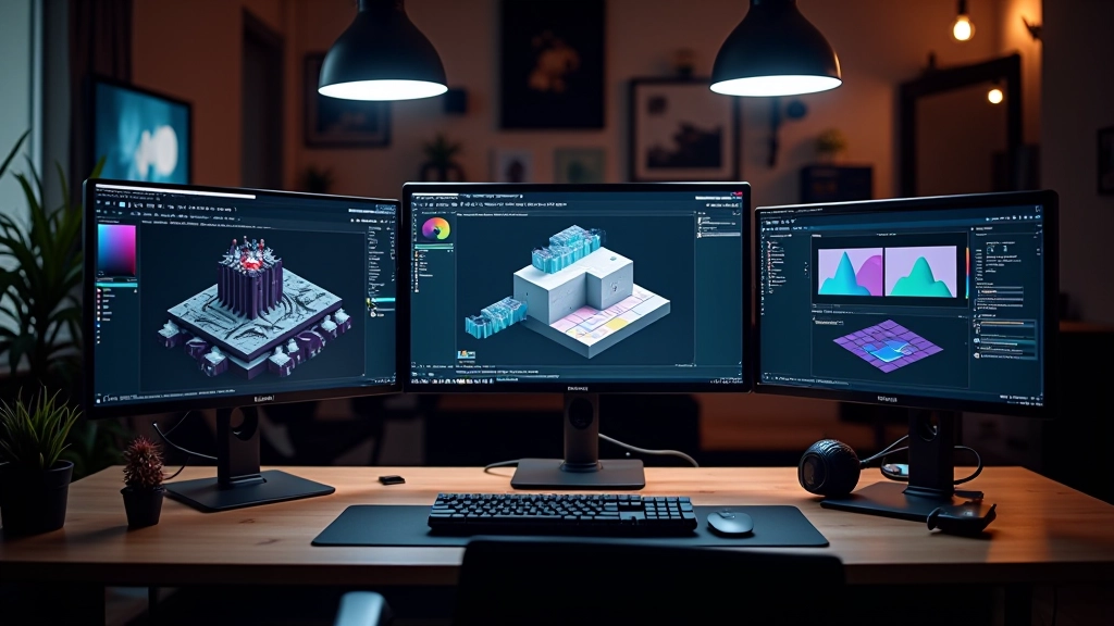 Motion design software workflow diagram met drie lagen: 3D modeling, compositing, en AI tools gevisualiseerd op monitor