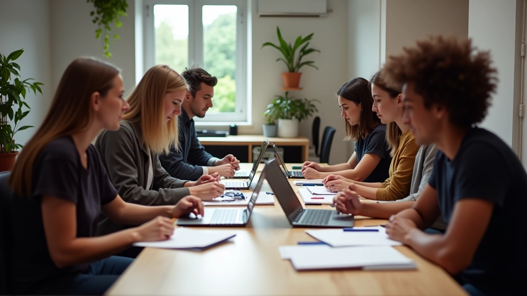 Groep internationale ontwerpers werkt samen in creatieve workshop met laptops en notitieblokken