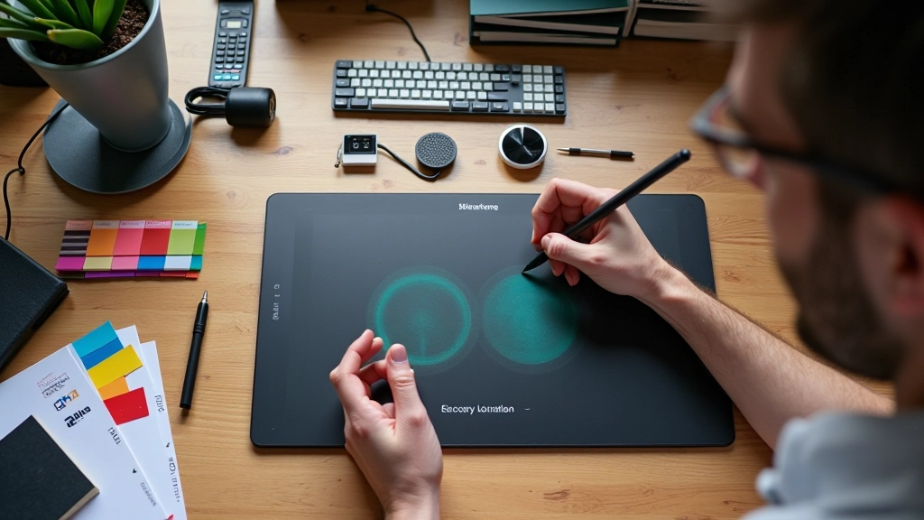 Verzameling van verschillende motion design tools en software interfaces op werkbureau met toetsenbord