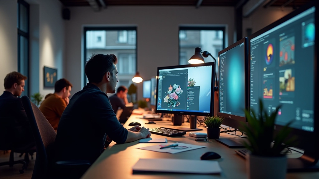 Motion design studio met meerdere schermen en animators in collaboratief werkproces