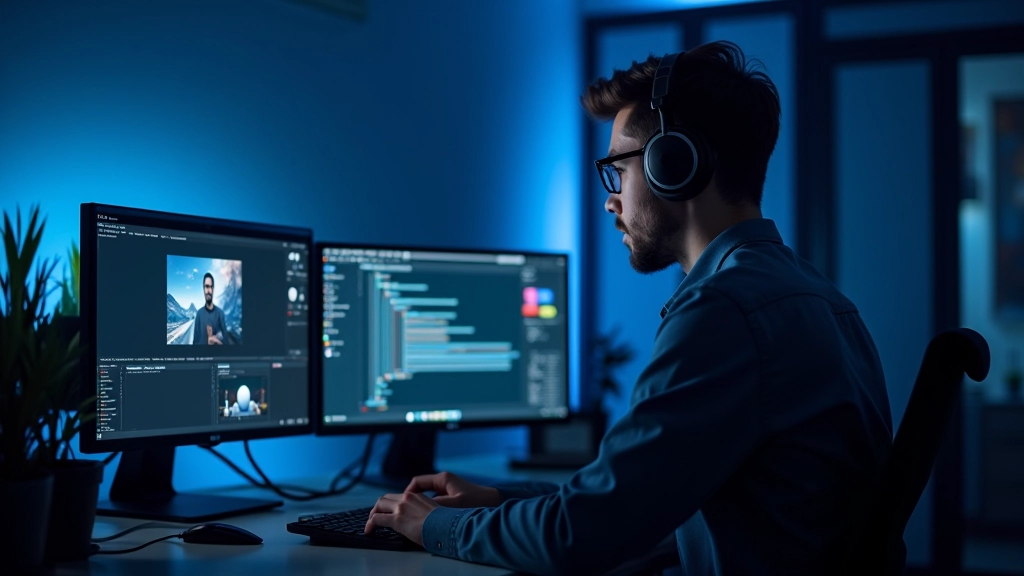 Motion designer werkend aan animatie project op dubbele monitoren in moderne studio
