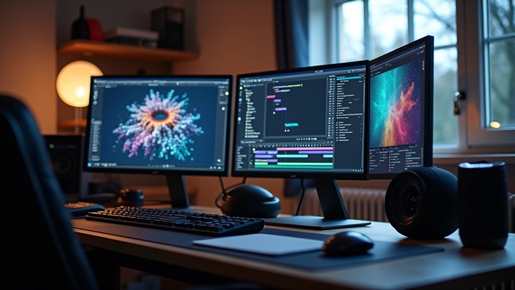 Werkplek van motion designer met professionele software en hardware, moderne animatiestudio setup